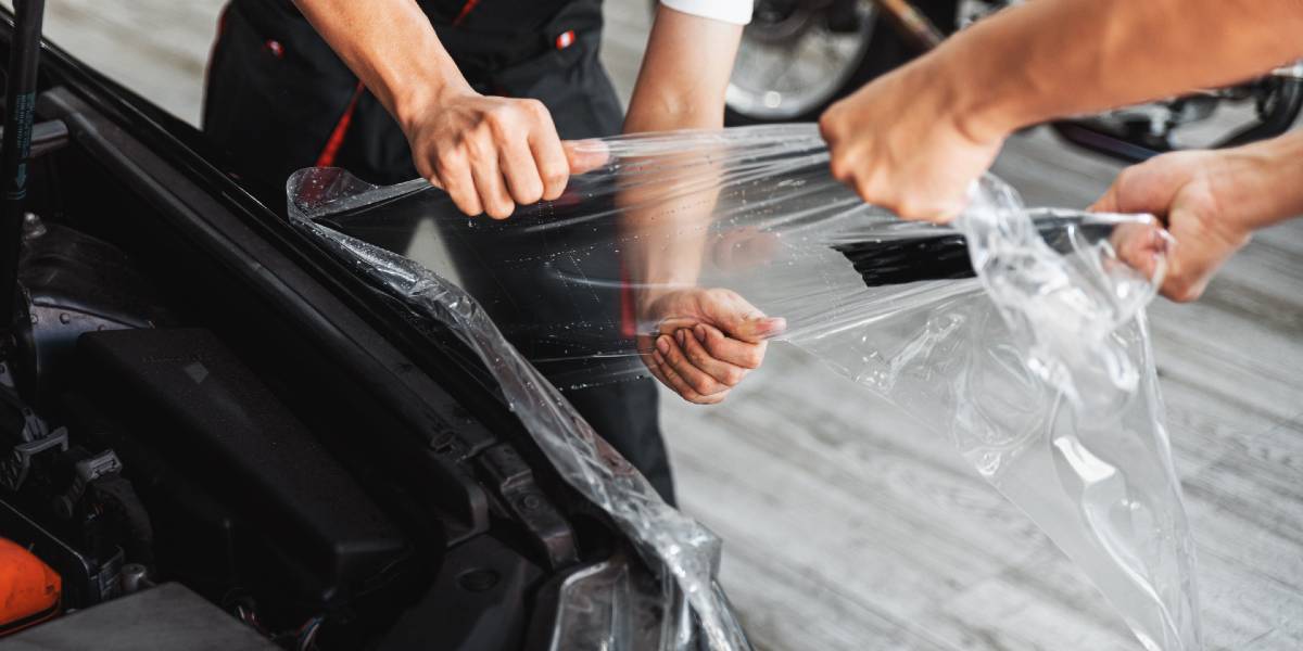 applying clear bra film to car by automobile professional installers