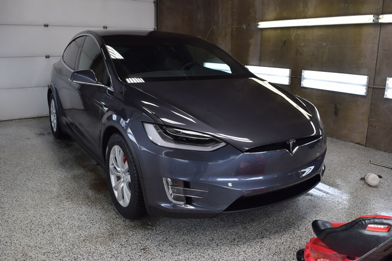 Grey Tesla getting clear bra