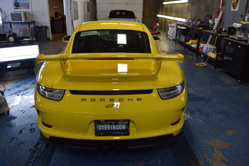 Yellow Porsche rear bumper clear bra