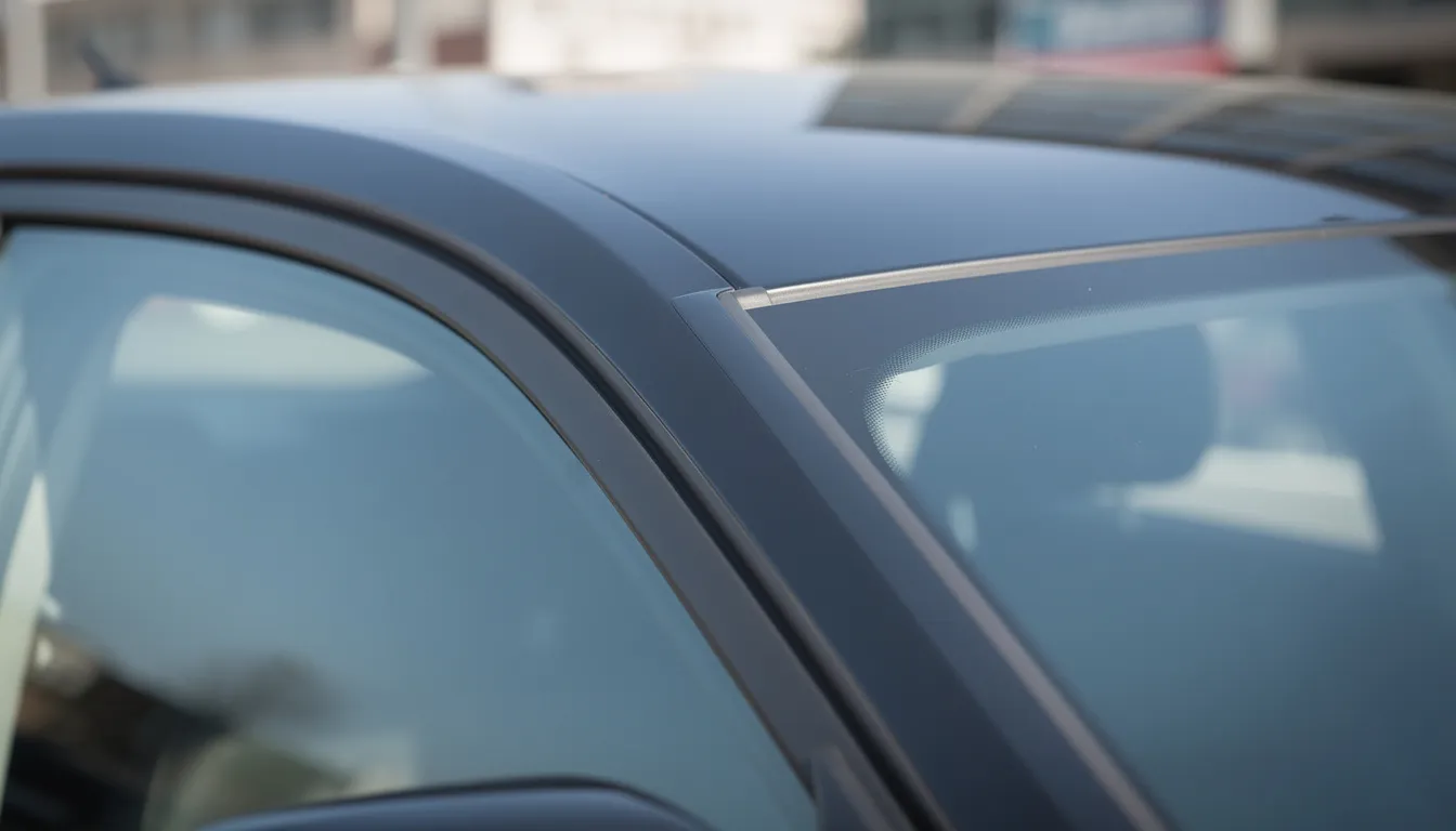 A close-up view of a professionally tinted car window showcases clean edges and a smooth surface, highlighting high-quality window film that effectively blocks harmful UV rays. This automotive window tinting not only enhances aesthetics but also provides higer-level protection and heat reduction for a more comfortable interior.