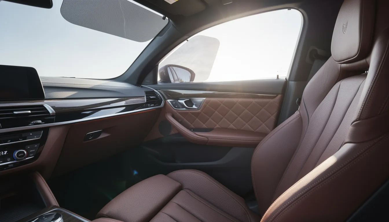 A close-up view of a car interior showcases luxurious leather seats and a sleek dashboard, both protected from harsh sunlight by high-quality window tint. The tinted windows provide effective heat reduction and UV protection, ensuring a cooler and more comfortable driving experience while enhancing the vehicle's appearance.