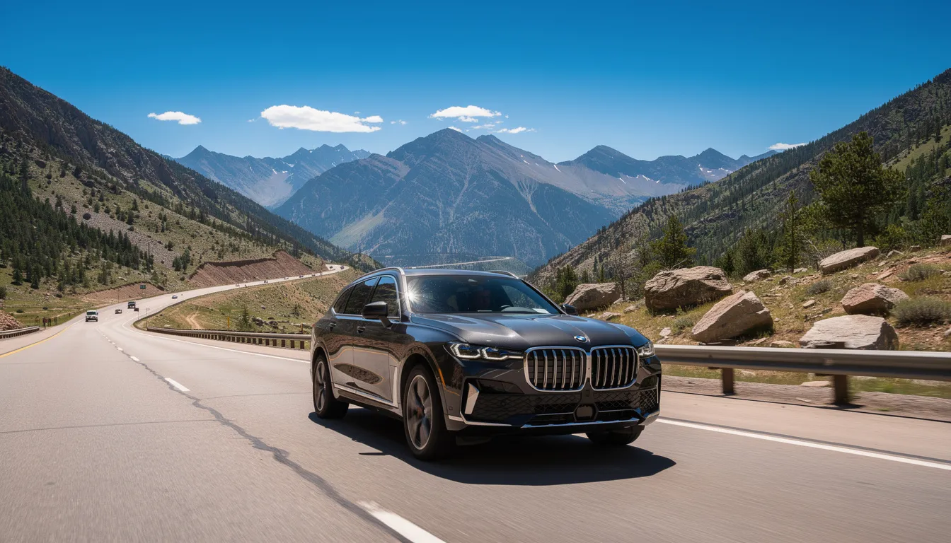 A tinted SUV is driving along a sunny mountain highway in Colorado, showcasing the benefits of high-quality window tinting that blocks harmful UV rays and reduces heat. The clear visibility through the car windows highlights the superior protection and comfort provided by automotive window tinting services.