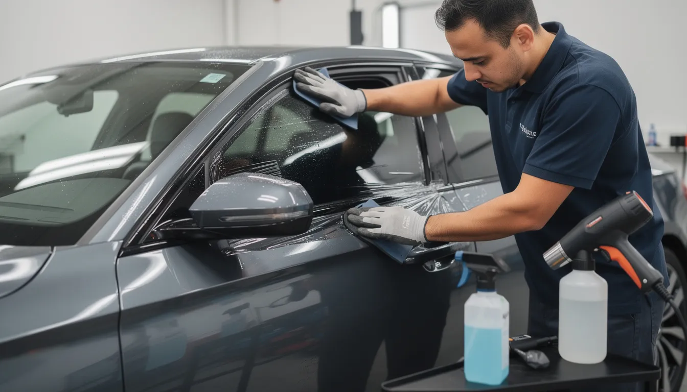 A professional installer is meticulously applying high-quality window tint film to the side window of a compact sedan, ensuring precise alignment for optimal glare reduction and UV protection. This installation process enhances the vehicle's appearance while providing superior heat rejection and improved comfort for car owners in hot climates.