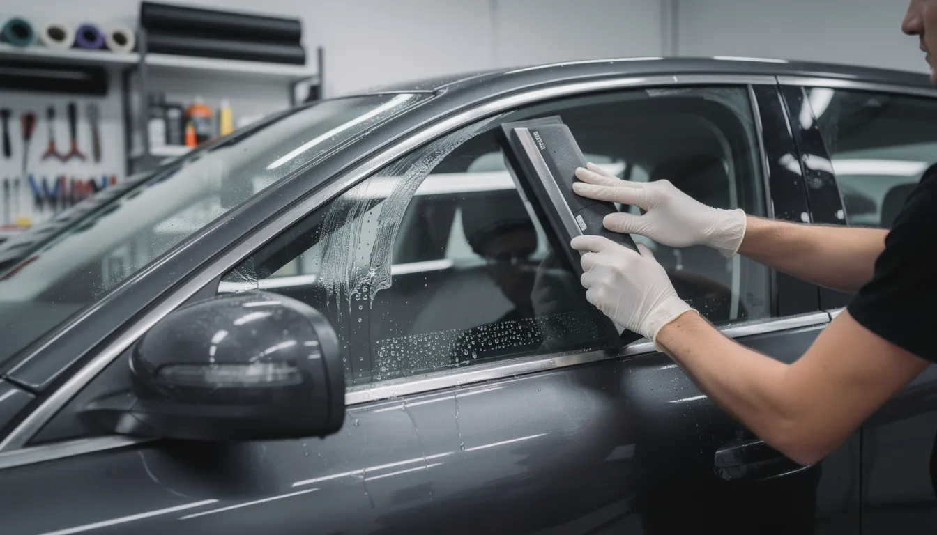 A technician is applying a professional squeegee tool to smooth out a freshly installed Xpel window tint on a car's side window, ensuring a flawless finish that enhances the vehicle's appearance while providing UV protection and superior heat rejection. The process highlights the importance of professional installation for effective glare reduction and improved comfort in hot climates.