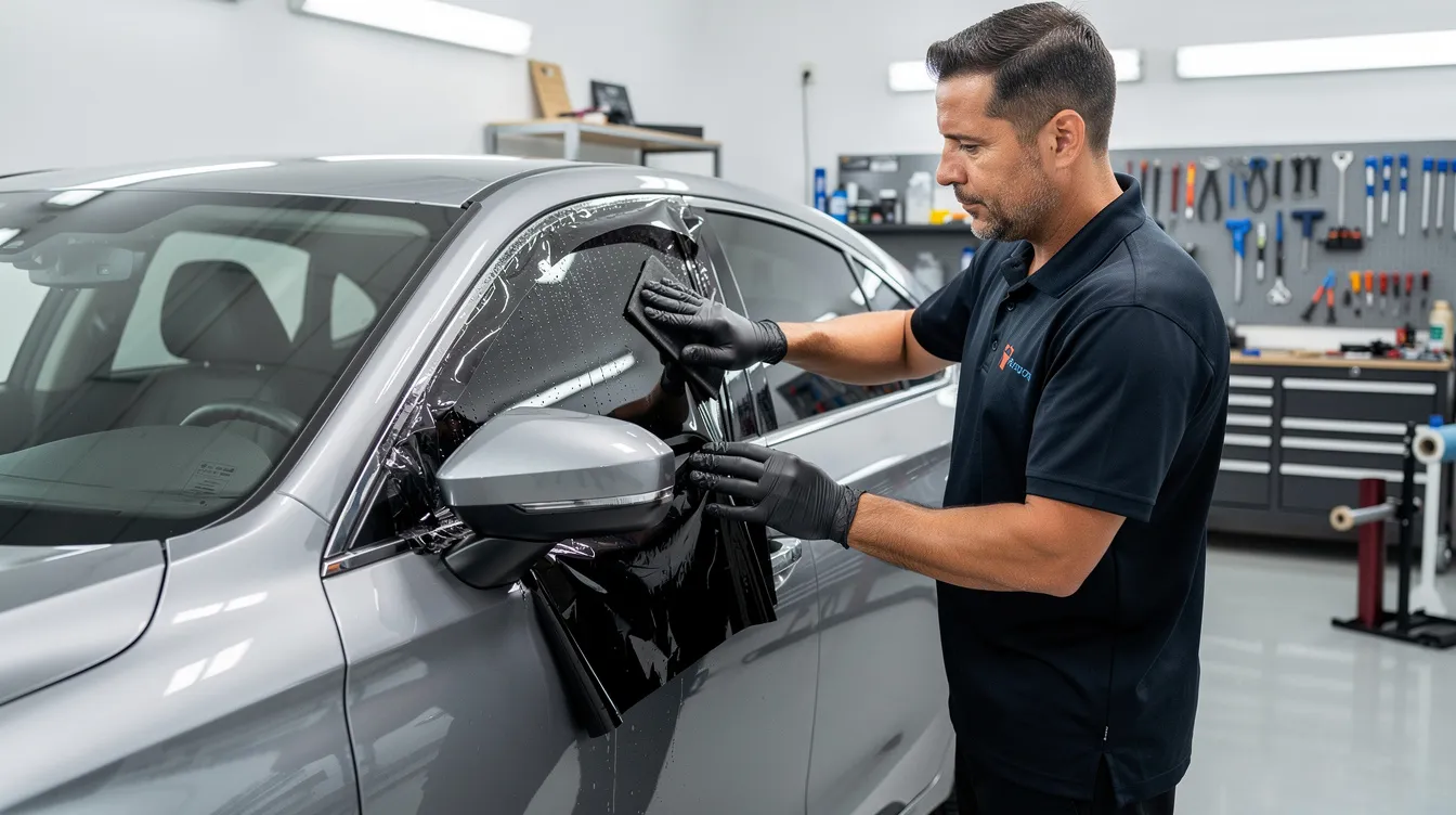A professional technician is applying auto window tint film to a sedan in a clean shop environment, focusing on achieving the right shade for optimal glare reduction and UV protection. The installation process highlights the importance of adhering to local tint laws while enhancing the vehicle's style and comfort.