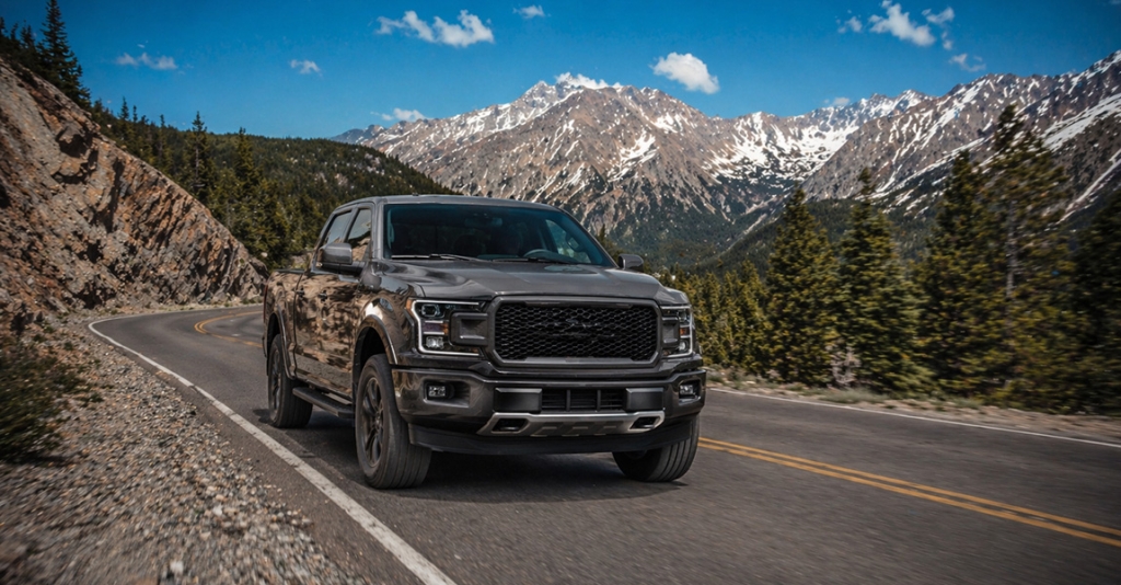 Dark gray pickup truck driving on a winding Colorado mountain highway with loose gravel along the shoulder, rocky terrain and pine trees surrounding the road, dramatic Rocky Mountains in the background under a blue sky, with the truck’s front end as the focal point in a cinematic wide-angle view.