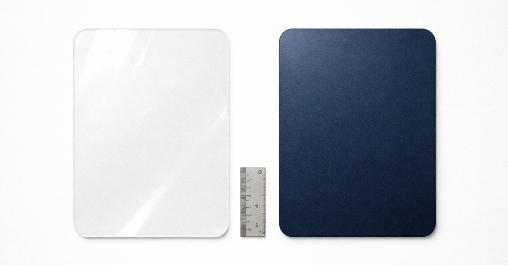 Overhead flat-lay of two automotive film swatches on a clean white surface, with a glossy transparent paint protection film sample on the left, a matte deep navy blue vinyl wrap sample on the right, and a small metal ruler placed between them to compare thickness under professional studio lighting.