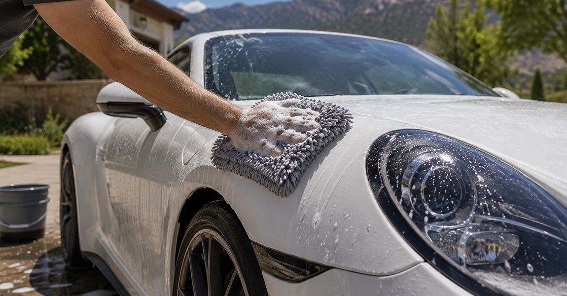 Hand washing a PPF-protected sports car in a Colorado driveway