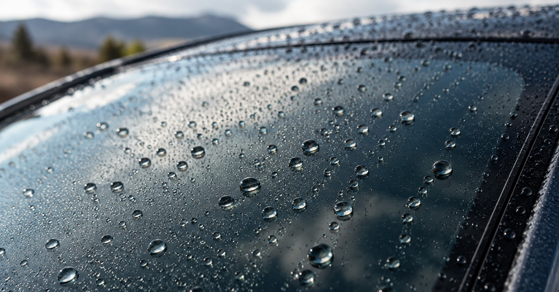 Water beading on a windshield treated with protective film, demonstrating hydrophobic properties