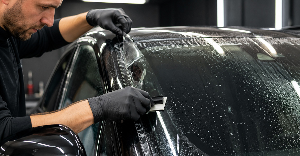 Installer applying windshield protection film to a vehicle at Colorado Clear Bra in Arvada