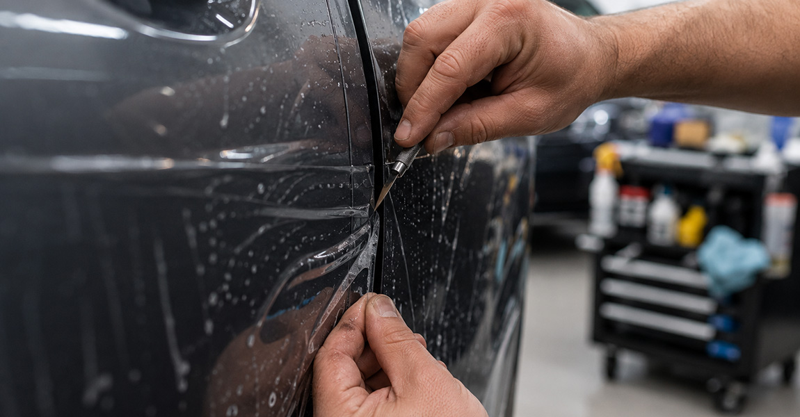 Installer using a precision cutting tool to trim paint protection film along a car body panel edge