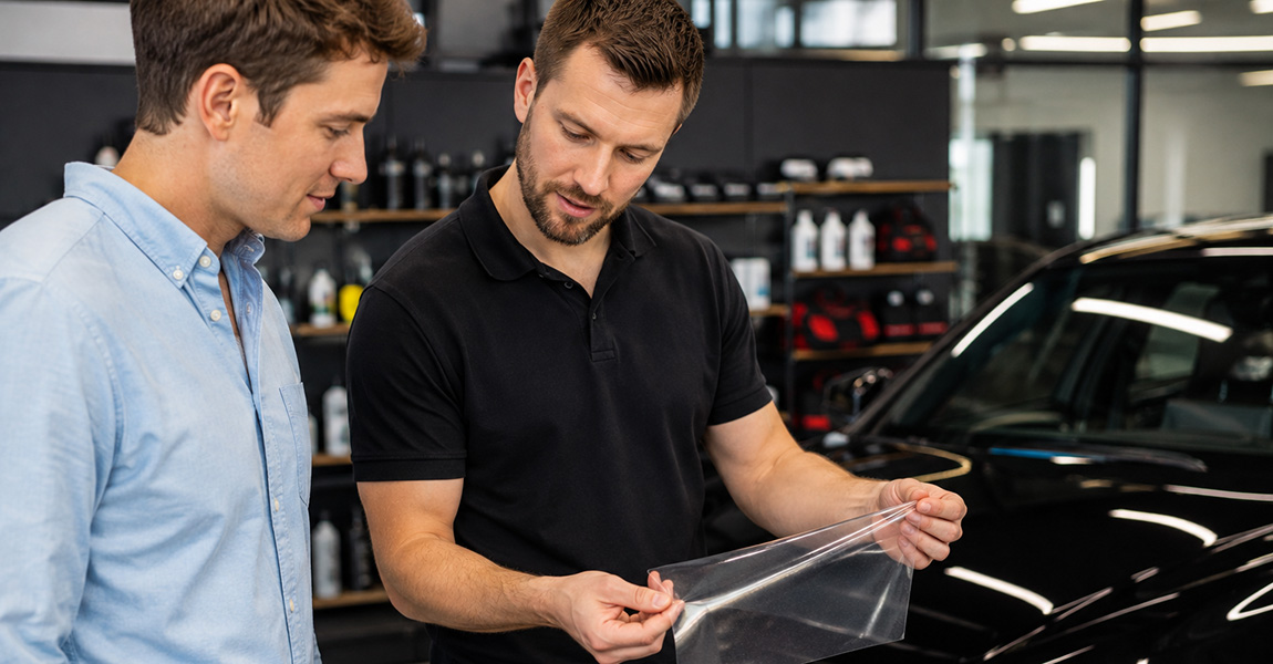 Installer discussing paint protection film options with a customer in a shop showroom