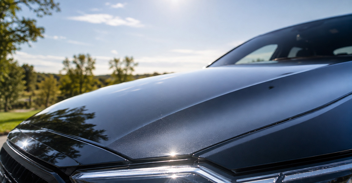 close-up of a glossy car hood with clear paint protection film reflecting sunlight