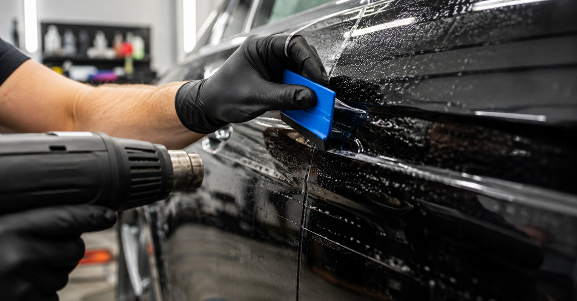 Installer carefully tucking the edge of paint protection film during a professional install